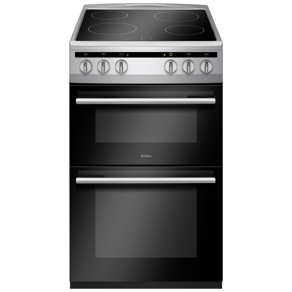 amica afc5100si 50cm freestanding electric twin cavity with ceramic hob in silver