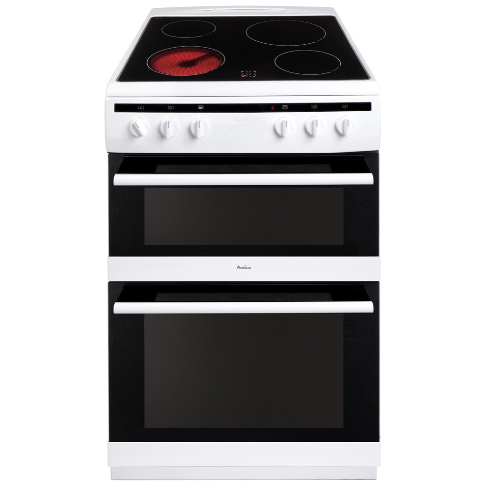 amica afc6520wh 60cm freestanding electric double oven with ceramic hob in white