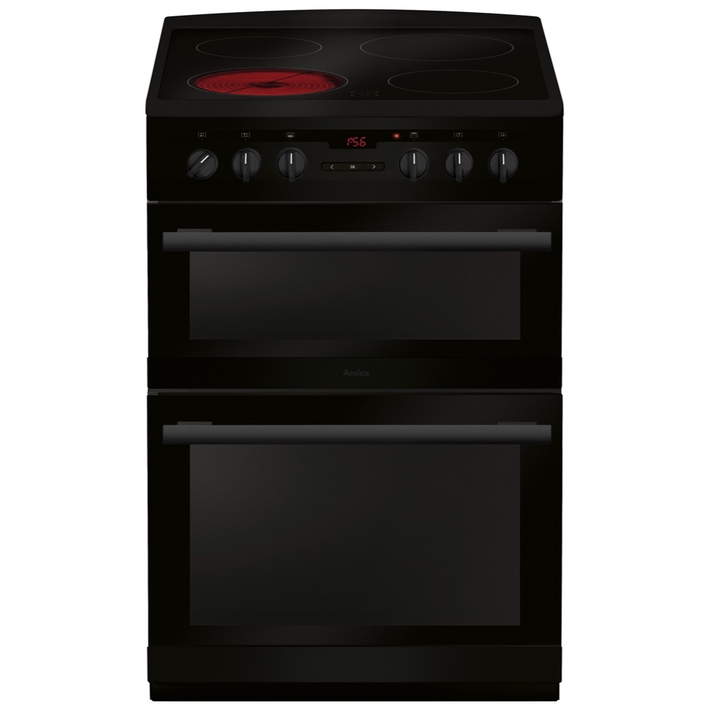 amica afc6550bl 60cm freestanding electric double oven with ceramic hob, black