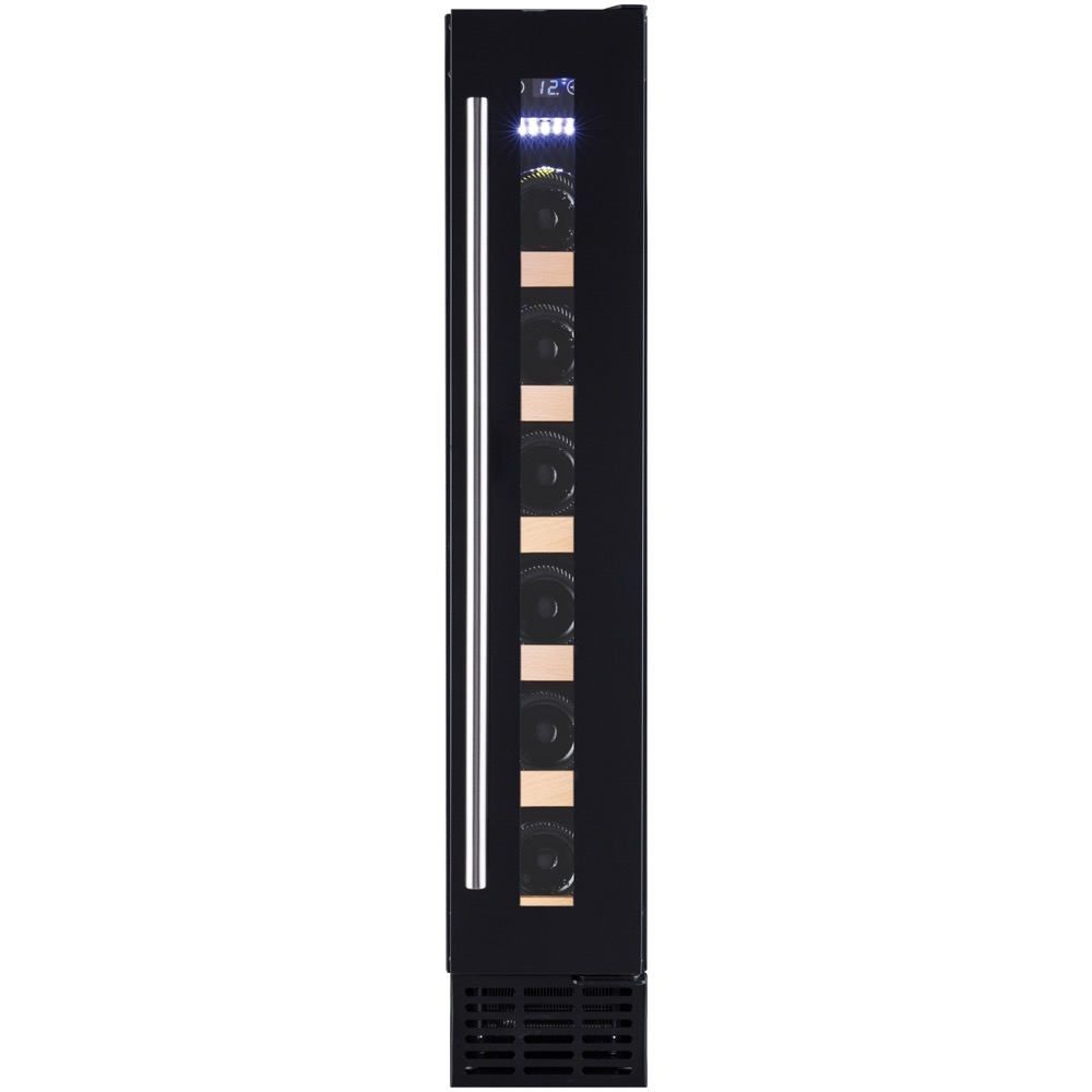 amica awc150bl 15cm wine coolerthe awc150bl is a freestanding slimline wine cooler with many capabilities. it comes with 5 integrated shelves, with the capacity to hold up to 6 bordeaux bottles. features include electronic temperature control and a uv pro